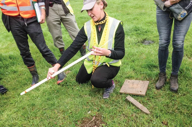 Diana Selbie demonstrates how nitrogen is measured in the fields.