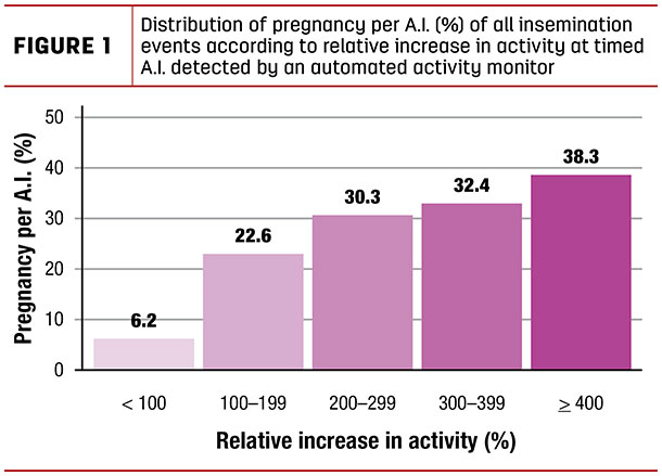 Distribution of pregnancy per A.I. (%) of all insemination events according to relative increase in activity at timed A.I. detected by an automated activity monitor