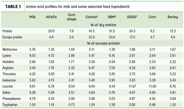 Amino acid profiles for milk and some selected feed ingredents