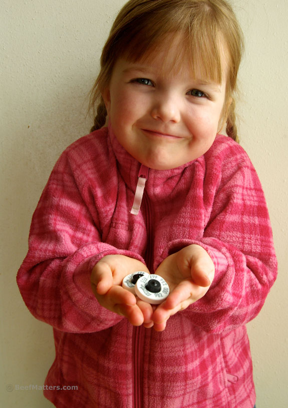 Brackett's daughter holding an ear tag