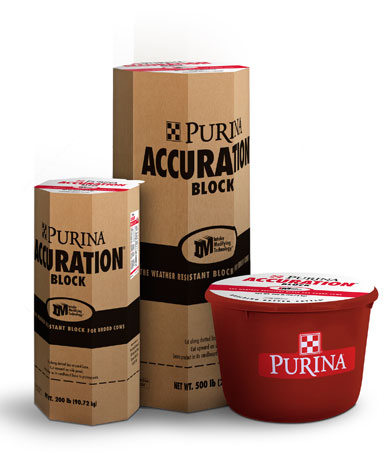 Purina Accuration Blocks in the 200- and 500-lb block sizes and the 200-lb bowl.