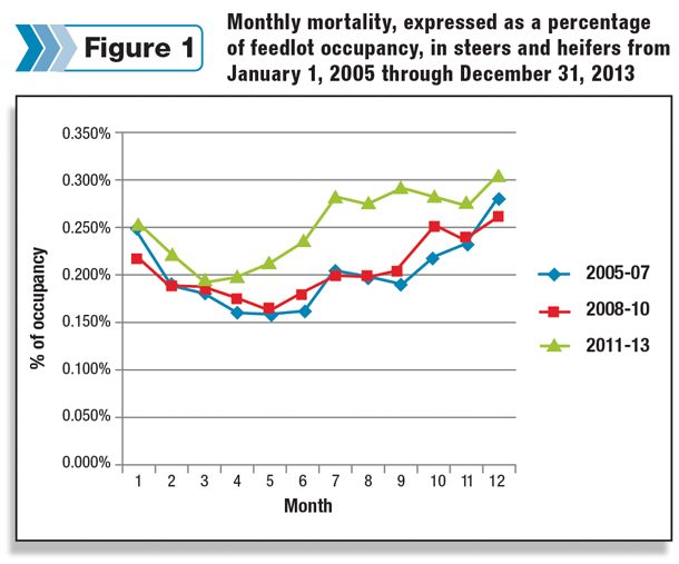 Monthly mortality as a percentage of feedlot occuancy