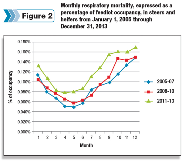 Monthly respiratory mortality percentage of feedlot occupancy