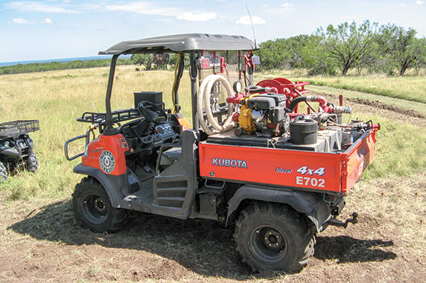 ATV is a necessary piece of equipment with a sprayer to put out small flames