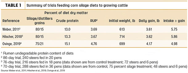Summary of trials feeding corn silage diets to growing cattle