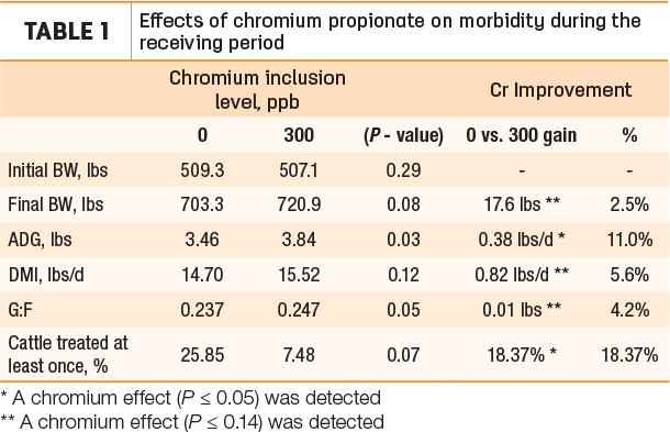 Effects of chromium propionate on borbidity during the receiving period