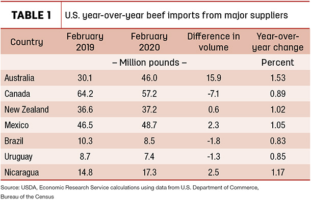 U.S. year-over-year beef imports from major suppliers