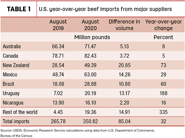 U.S. year-over-year beef imports from major suppliers