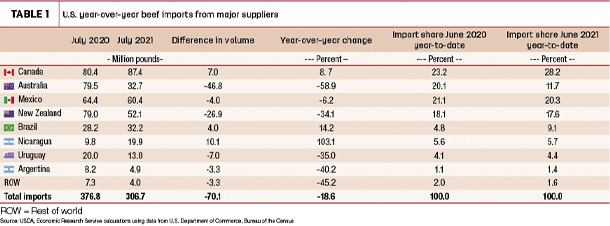 U.S. year-over-year beef imports from major suppliers