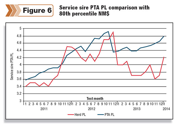 Service sire PTA PL comparison with 80th percentile NMS