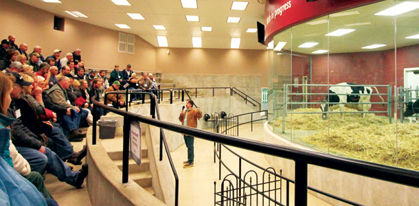 0814pd_bunting_Fair Oaks Farms’ co-founder and manager Dr. Mike McCloskey talks with producers from Pennsylvania and Indiana in the “birthing theater” at the Dairy Adventure, while two cows are moments away from calving behind the glass.