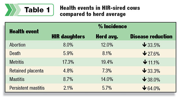 Health events in HIR-aired cows compared to herd average