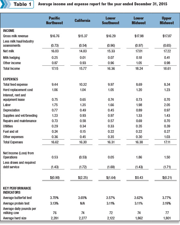 Average income and expense report for the year ended 2015