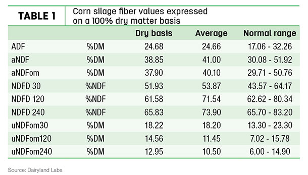 Corn silage fiber values expressed on a 100% dry matter basis