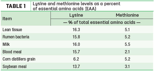 Lysine and methionine levels as a percent of essential amino acids