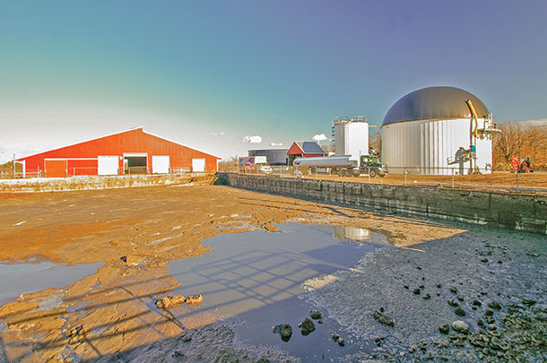 The food waste and manure in the lagoon are then blended together and fed into the big dome where the methane gas is produced