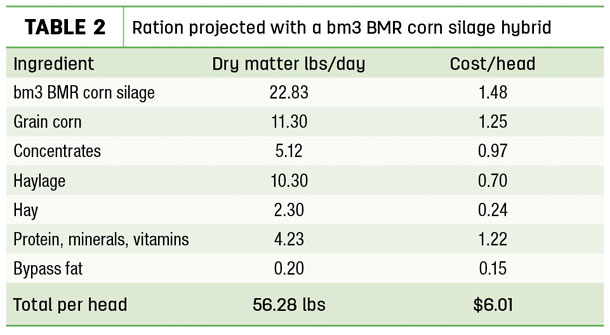 Ration projected with a bm3 BM corn silage hybrid