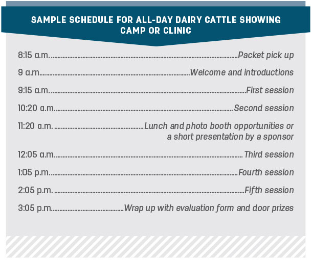 Sample schedule for all-say dairy cattle showing camp or clinic