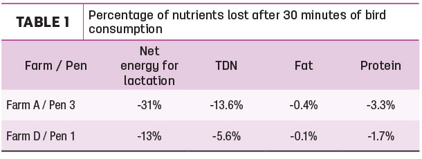Percentage of nutrients lost after 30 minutes and bird consumption