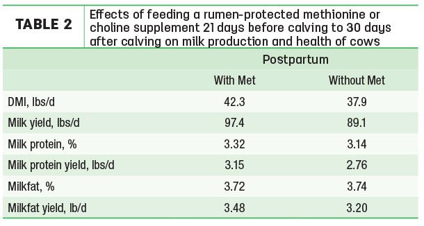 Effects of feeding a rumen-protected methionine or cholie supplement
