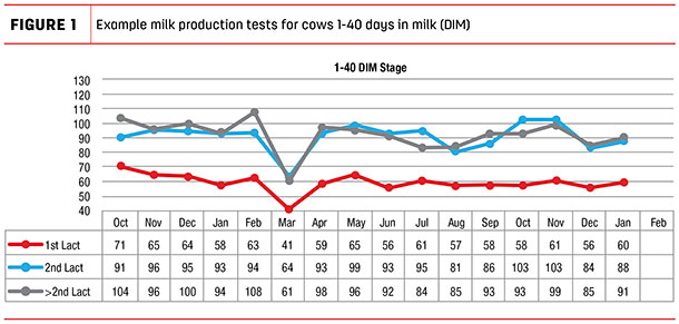 Example milk production tests for cows 1-40 days in milk