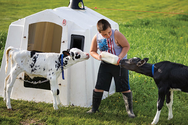 Ryan Schlies bottle feeds calves at Old Settler’s Dairy near Denmark, Wisconsin.