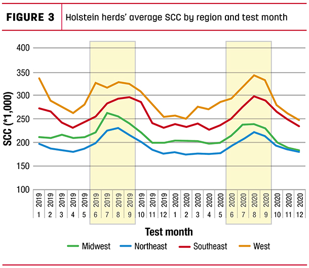 Holstein hrds' average SCC by region and test month