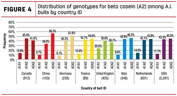 distribution of genotypes for beta casein (A2) among A.I. bulls by country ID
