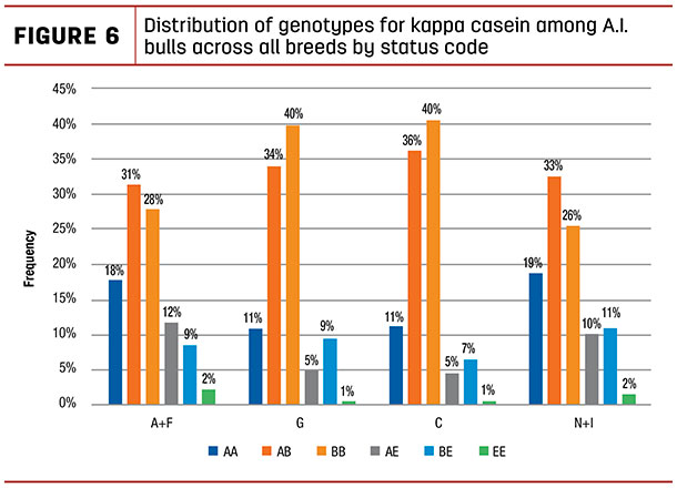 Distribution of genotypes for kappa casein among A.I. bulls across all breeds by status code
