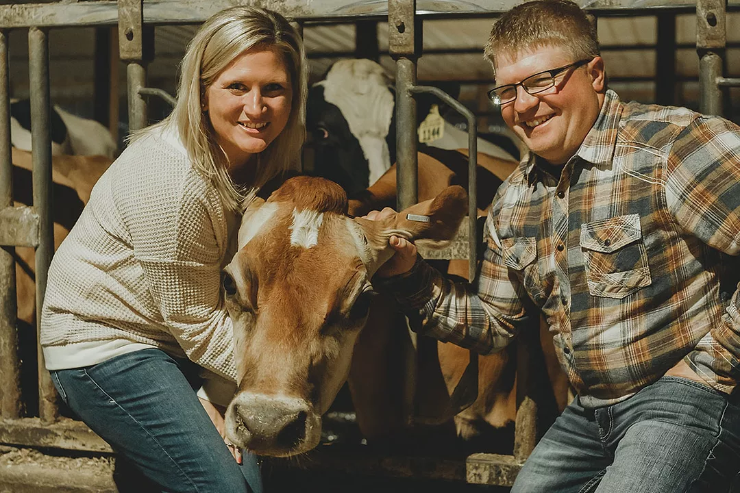 Megan Kregel @megan_dairygirl. Megan Kregel and Ted McAllister pose with TikTok star Sparkle, the Jersey Cow.