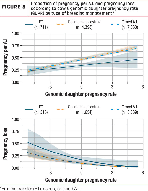 Proportion of pregnancy per A.I. and pregnancy loss by type of breeding management