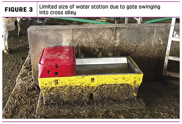 Limited size of water station due to gate swinging into cross alley