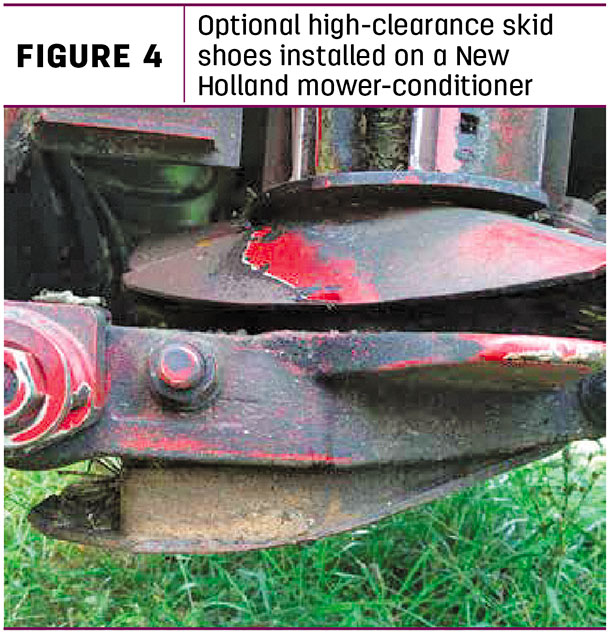Optional high-clearnce skid shoes installed on a New Holland mower-conditioner