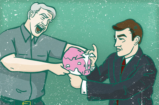 farmer and banker fighting over piggy bank