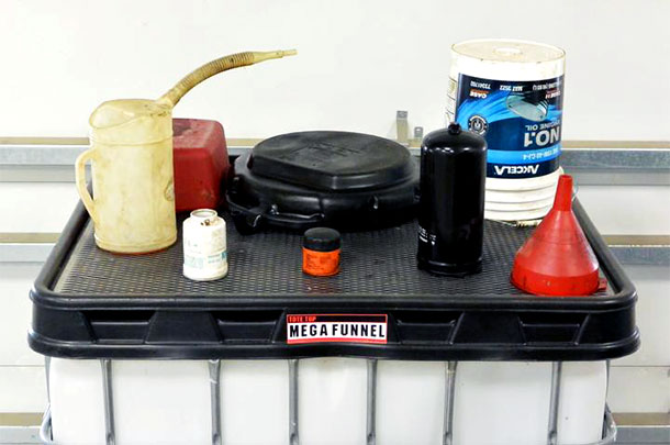 Tote-Top Mega Funnel drain oil collection system