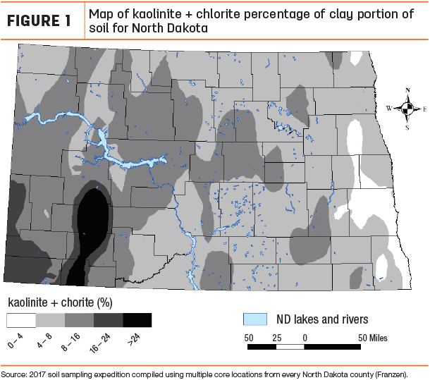 Map of kaolinite + chlorite percentage of clay portion of soil for North Dakota