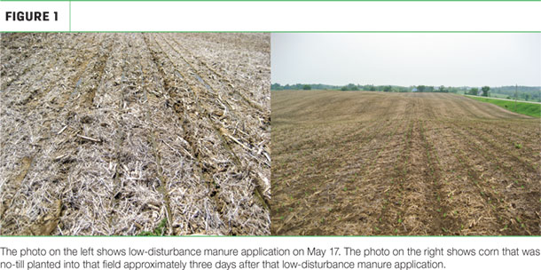 Low-disturbance manure application and corn no-till planted 