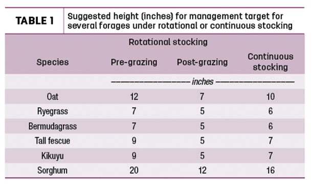 Suggested height (inches) for management target for several forages under rotational or continuous stocking