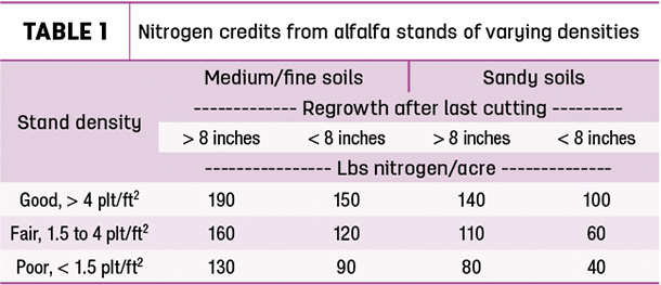 Nitrogen credits from alfalfa stands of varying densities